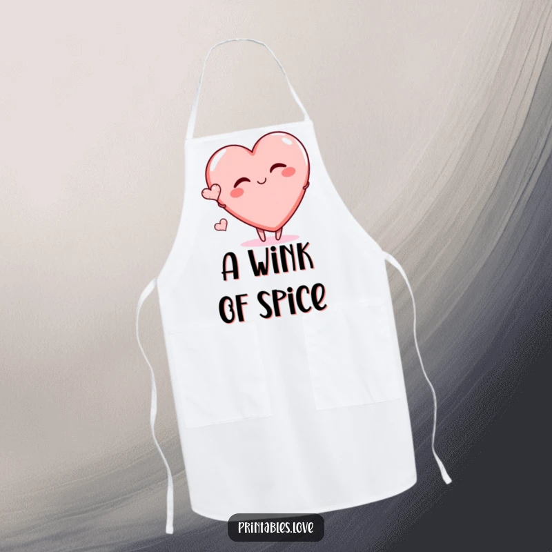 Funny apron with a large heart character playfully winking, with a tiny heart nearby, designed for cooks who love playful charm.