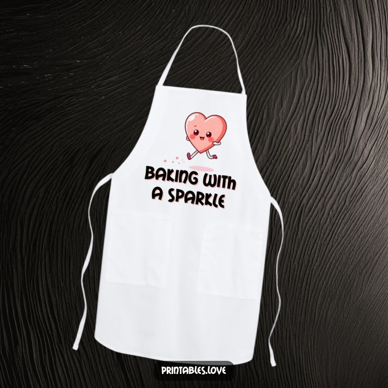Funny apron depicting a happy heart character skipping, leaving a trail of sparkles. Humorous and practical for the kitchen.