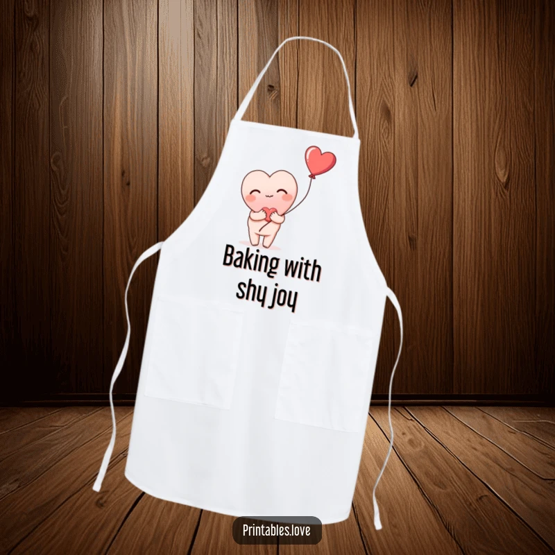 Funny apron with a heart blushing shyly and holding a heart balloon, perfect for kitchen sweetness and humor, a gift.