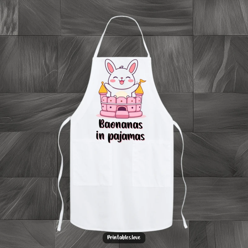 Funny bao bun apron featuring a grinning character bouncing on a bouncy castle, adding humor and a playful spirit to cooking.