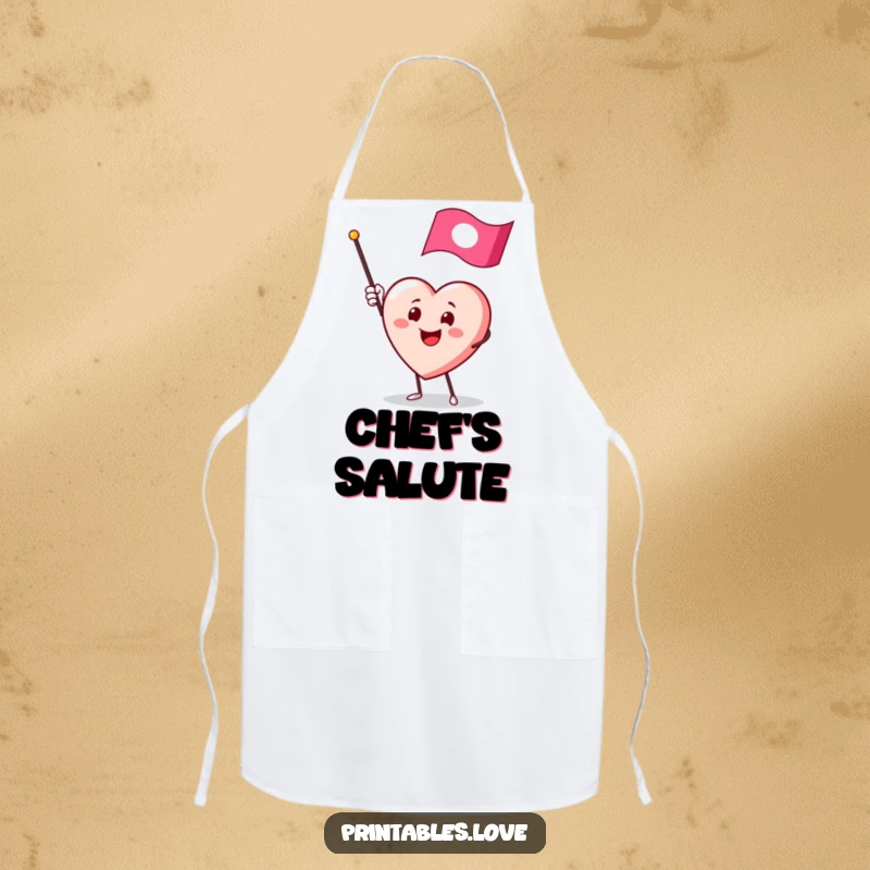 Funny apron with a smiling heart character enthusiastically waving a small flag, ready to greet everyone.