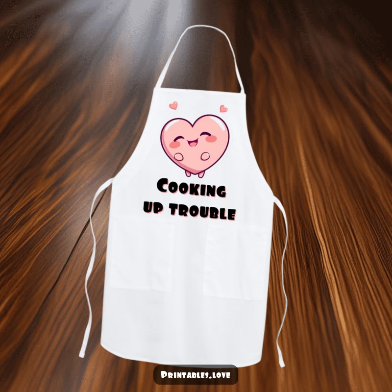 Funny apron depicting a giggling heart character looking back with a mischievous grin. Humorous and practical for the kitchen.