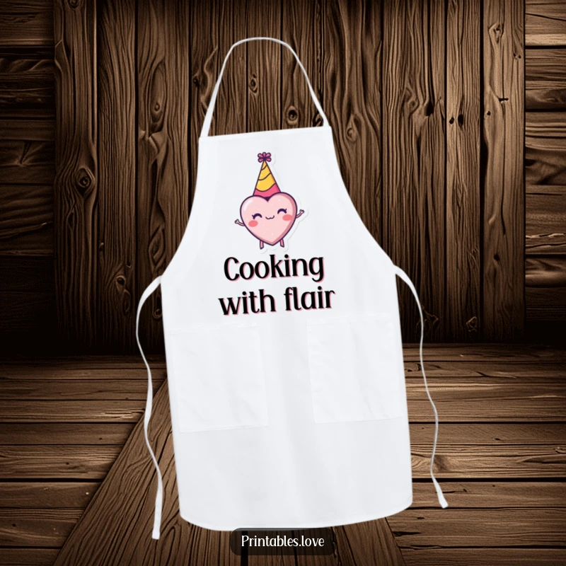 Funny apron displaying a tiny heart in a party hat, spinning enthusiastically, ready for a joyous cooking experience.