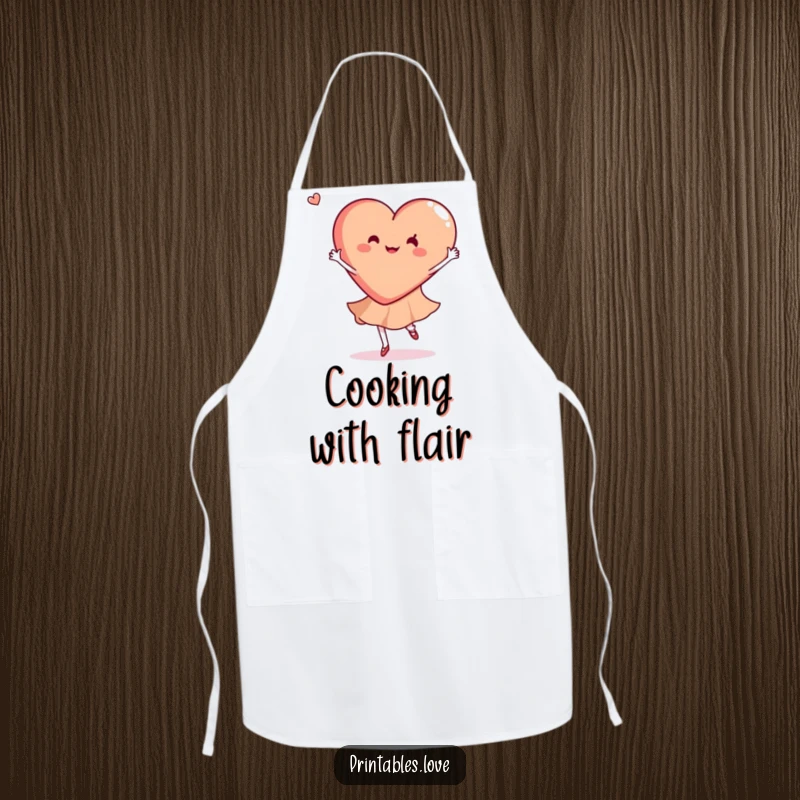 Funny apron with a heart gracefully twirling in a joyful dance, perfect for kitchen fun and movement, a gift.