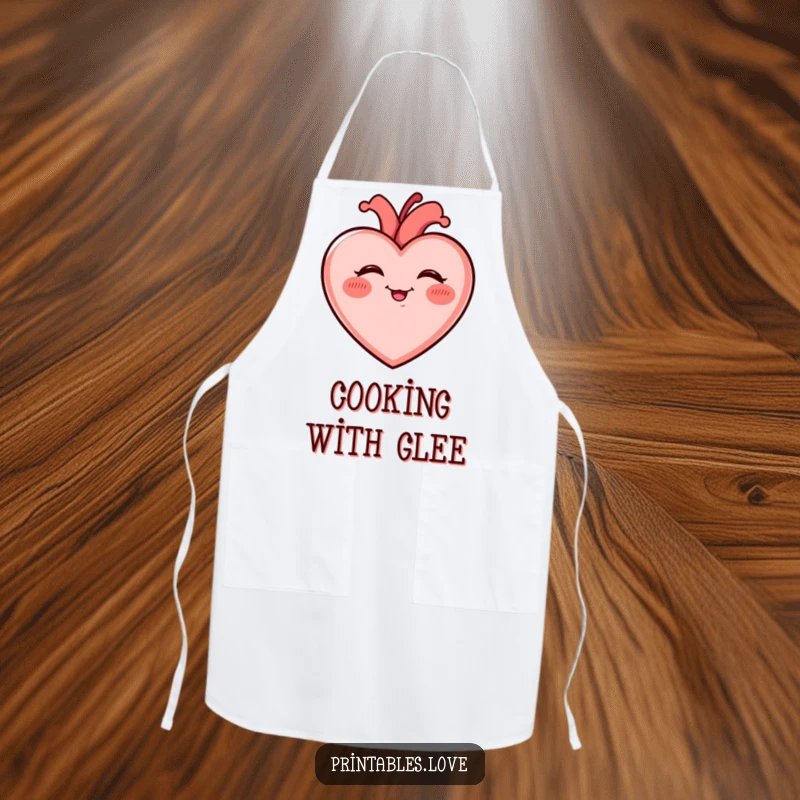 Funny Giggling Heart Apron with rosy cheeks, giggling uncontrollably, ready for kitchen adventures with a cheerful and humorous spirit.
