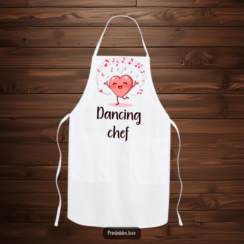 Funny apron with a heart character happily dancing with musical notes, designed for cooks who love music and cheerful vibes.