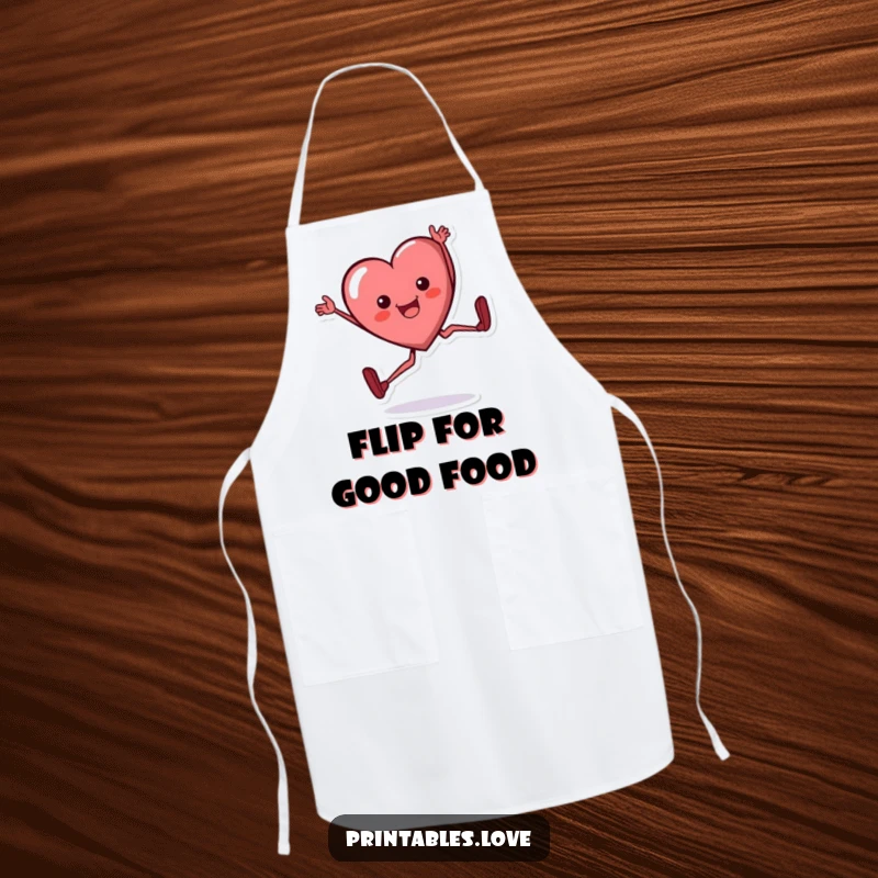 Funny heart apron, a cartoon heart character performing a cartwheel with a happy expression, ideal for active cooks.
