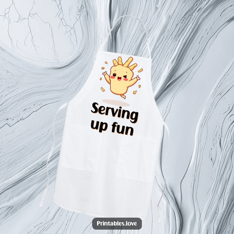 Funny dancing tempura character, crispy bits flying, on a functional and humorous apron for cooking.