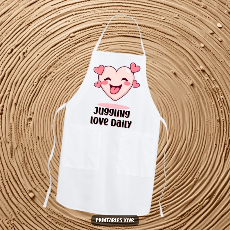 Funny apron illustrating a vibrant heart with tongue out, skillfully juggling many small hearts, ready for kitchen fun.