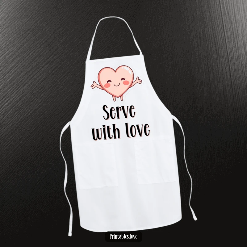 Funny apron showcasing a cheerful heart character in a welcoming hug, ideal for adding fun to cooking and baking.