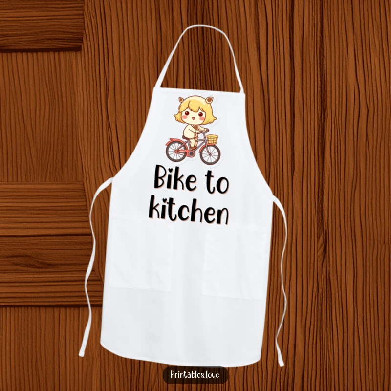 Funny apron with a cheerful Kawaii character riding a bicycle with a basket, ready for kitchen fun.
