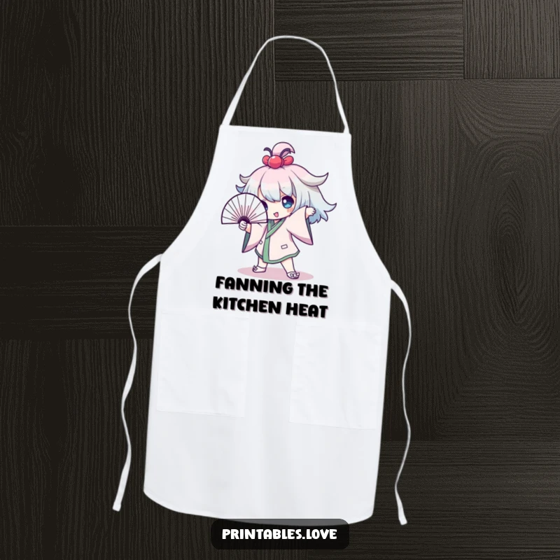 Funny Apron showing a Kawaii character striking a dramatic pose with a fan, ideal for adding humor to cooking and baking tasks.