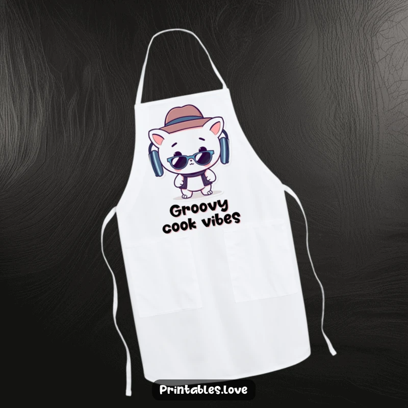 Funny apron with a groovy Kawaii character wearing a hat and sunglasses, ready for kitchen fun.