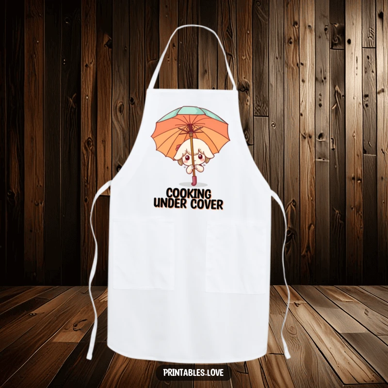 Funny Apron showing a Kawaii character peeking from behind a large umbrella, adding a humorous and shy element to cooking duties.