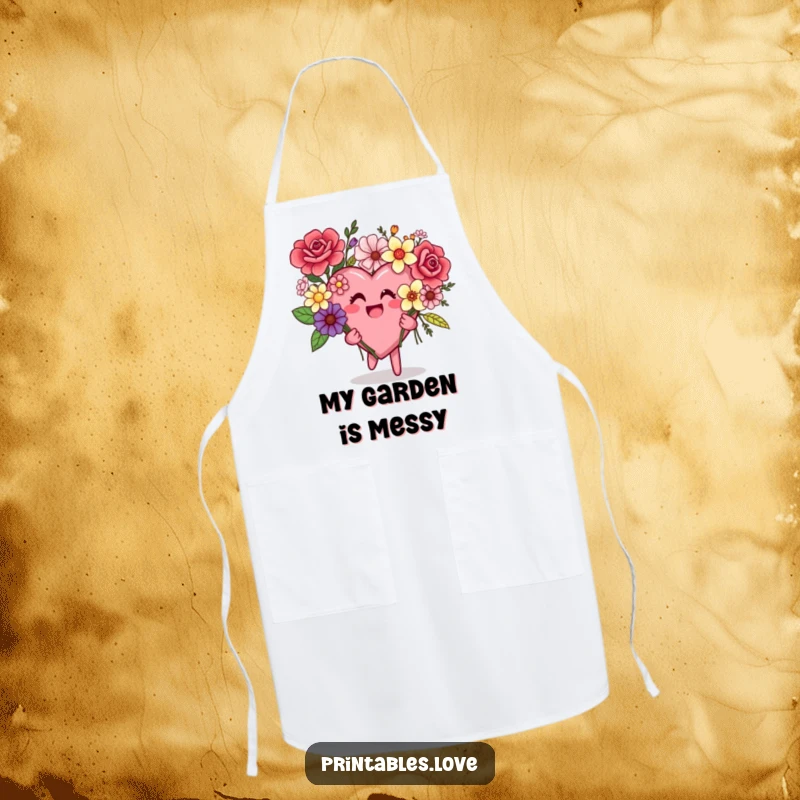 Funny apron showing a cheerful heart character holding a vibrant, playfully disordered bouquet of assorted flowers.