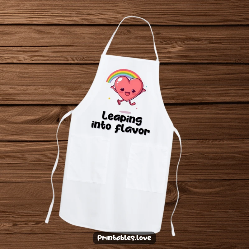 Funny apron featuring a heart character leaping with excitement, trailing a bright rainbow arc, adding joy to cooking.