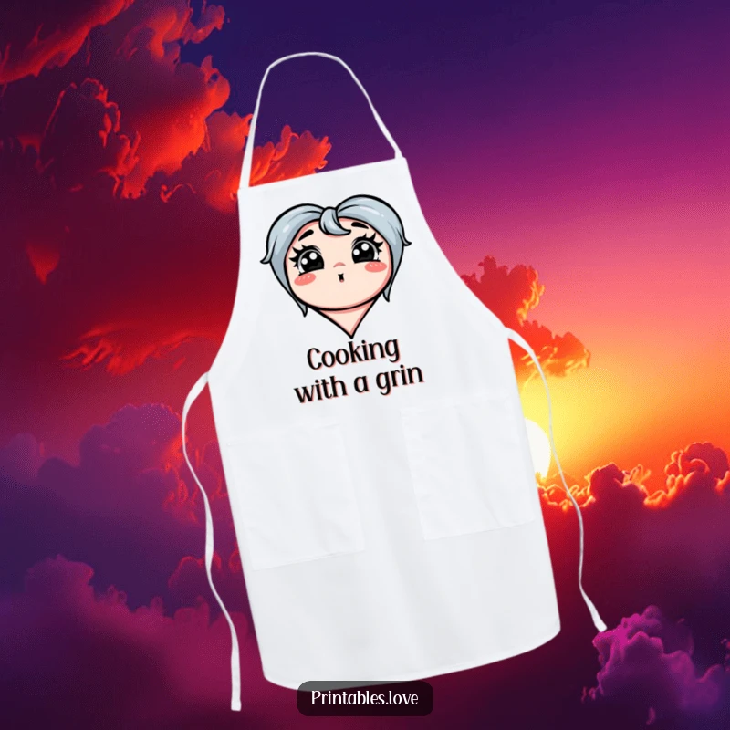 Funny apron with a heart making an exaggerated silly face, perfect for kitchen fun and humor, a gift.