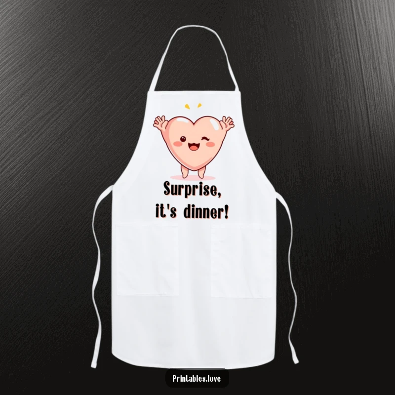 Funny surprise heart apron, a playful heart character with its arms raised high in a comically happy outburst.