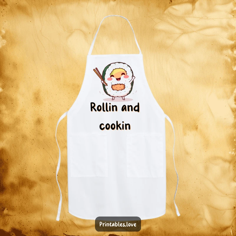Funny sushi roll apron featuring a smiling character dancing with chopsticks, adding humor and flair to kitchen activities.