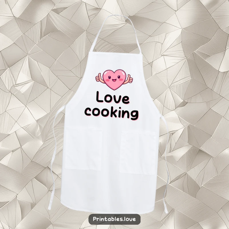 Funny apron with a small pink heart character giving a thumbs up, perfect for kitchen positivity.