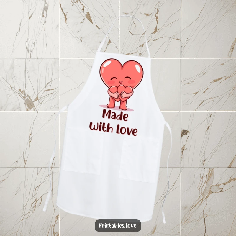Funny Apron designed with a big heart character hugging a small heart character, perfect for kitchen activities.