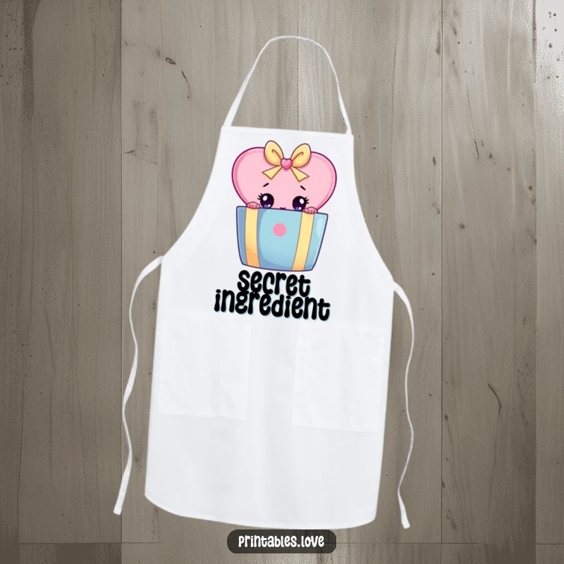 Funny apron with a heart character peeking curiously with wide eyes from behind a large, colorful gift box.