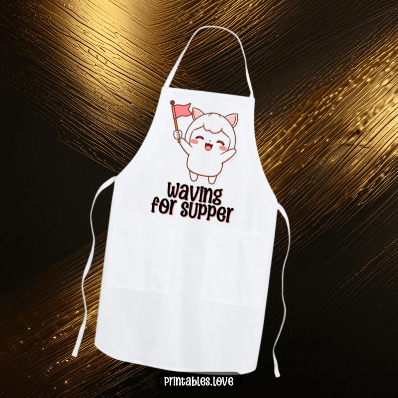 Funny Apron showing a Kawaii character excitedly waving a small flag, adding a festive and humorous touch to kitchen activities.
