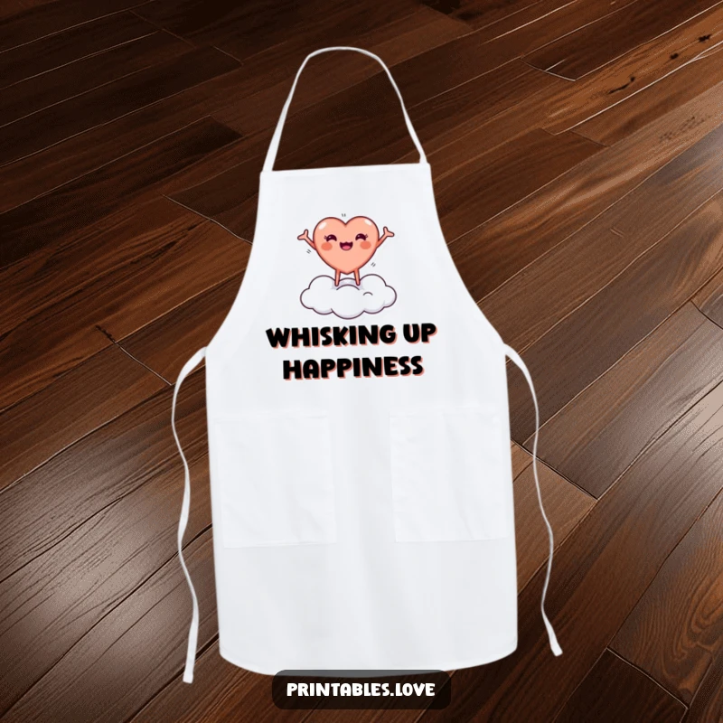 Funny apron with a tiny, round heart character joyfully bouncing on a cloud with arms outstretched, ideal for cheerful cooking.