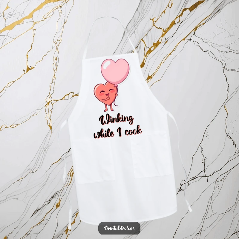 Funny apron featuring a heart character winking playfully and holding a slightly deflated balloon, adding humor to cooking.