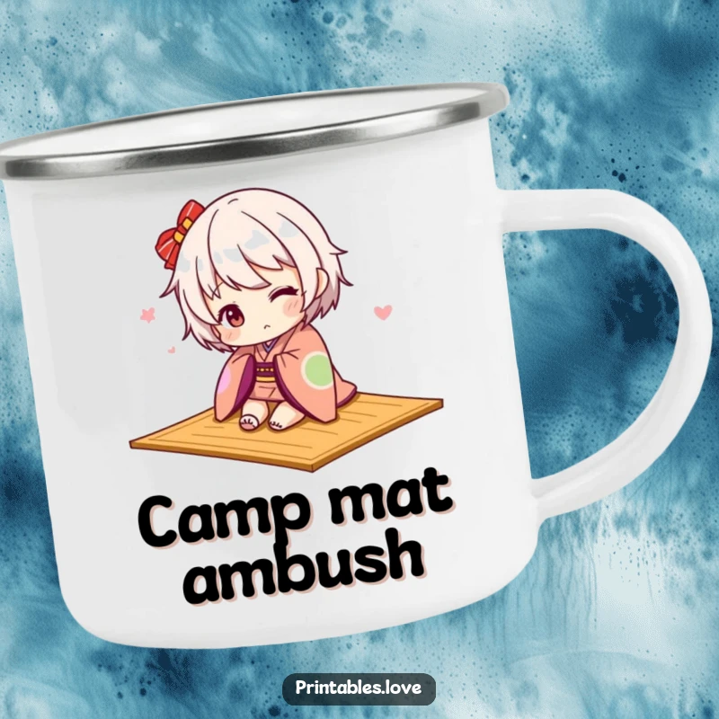 Funny Kawaii kimono camping mug, a cute character tripping over a mat in a kimono, outdoors.