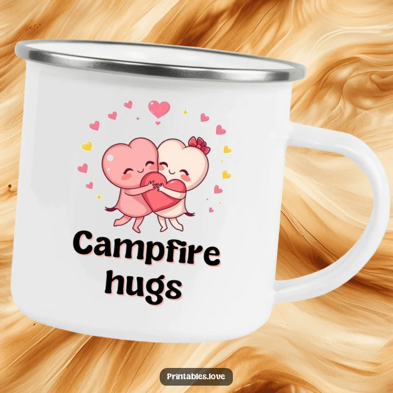 Funny enamel camping mug with two heart characters in a joyful hug and sparkles, perfect for outdoor adventures with love.