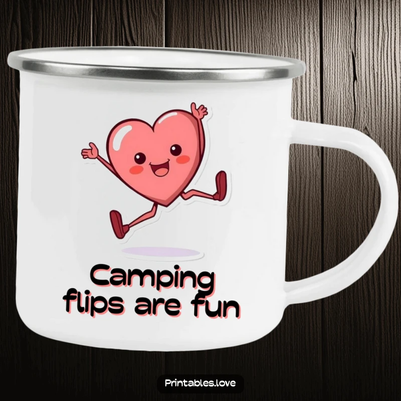 Funny heart camping mug, a cartoon heart character mid-cartwheel with a joyful expression, perfect for outdoor enthusiasts.