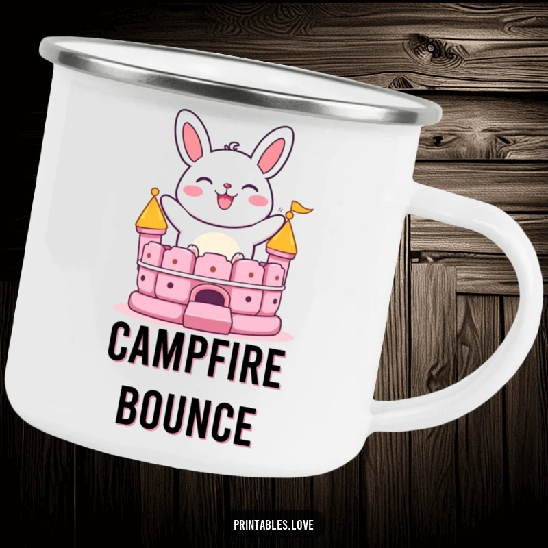 Funny bao bun camping mug showing a grinning character bouncing on a bouncy castle, perfect for outdoor meals and playful vibes.