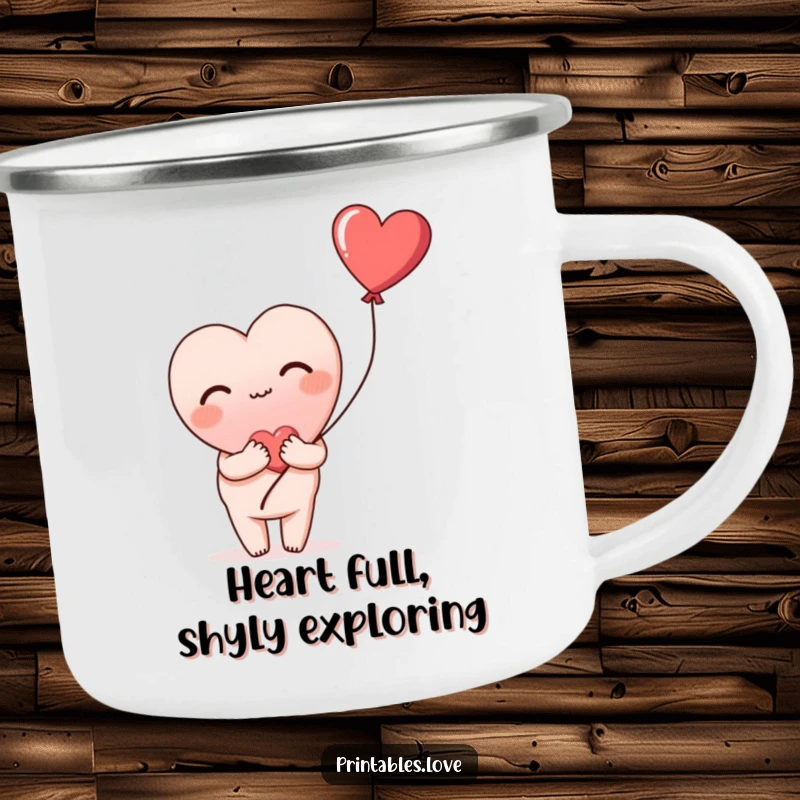 Funny camping mug with a heart blushing shyly and holding a heart balloon, perfect for outdoor sweetness and humor.