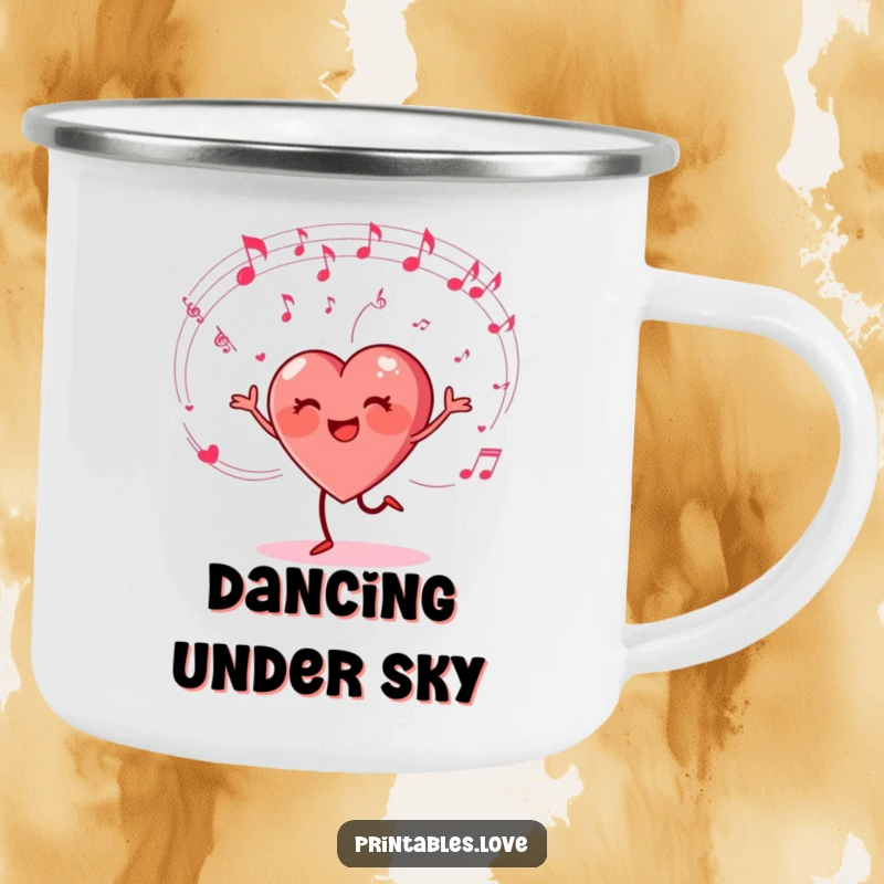 Funny enamel camping mug with a heart character happily dancing and musical notes, perfect for outdoor enjoyment with musical charm.