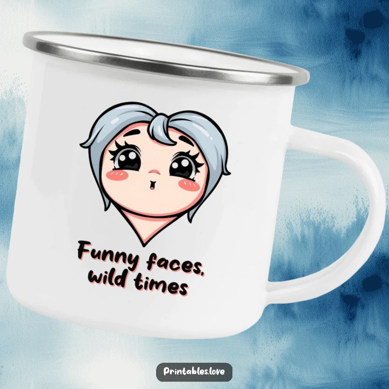 Funny camping mug with a heart making an exaggerated silly face, perfect for outdoor fun and humor.