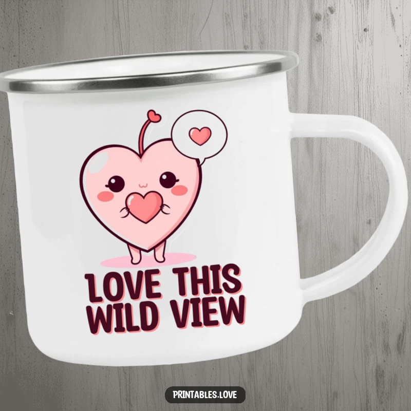 Funny heart camping mug, a cute cartoon heart character with a speech bubble holding a tiny heart, for outdoor enjoyment.