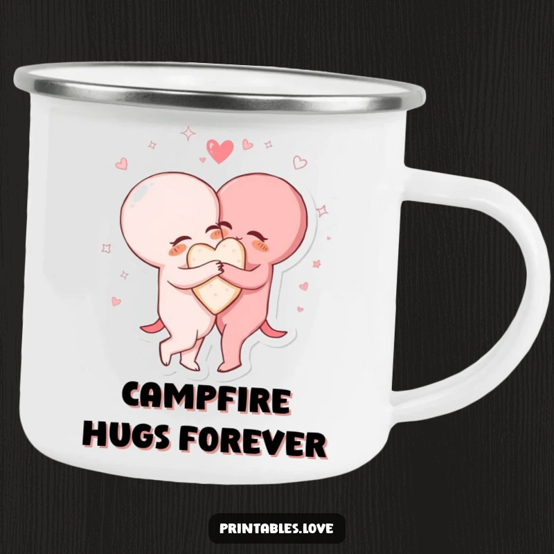 Funny camping mug showing two heart characters in a tight hug, surrounded by sparkling lines, perfect for sharing warmth outdoors.