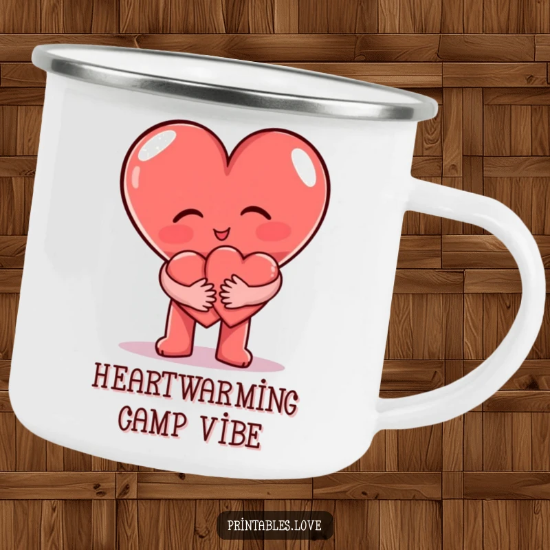 Funny Camping Mug with a loving heart character embracing another heart, designed for outdoor enjoyment.