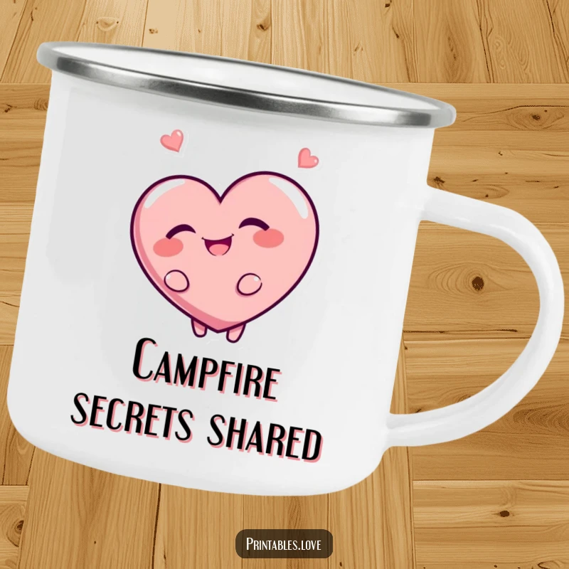 Funny camping mug depicting a giggling heart character with a mischievous grin. Durable and humorous drinkware.