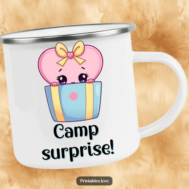 Funny camping mug with a heart character peeking with wide eyes from behind a large, colorful gift box.