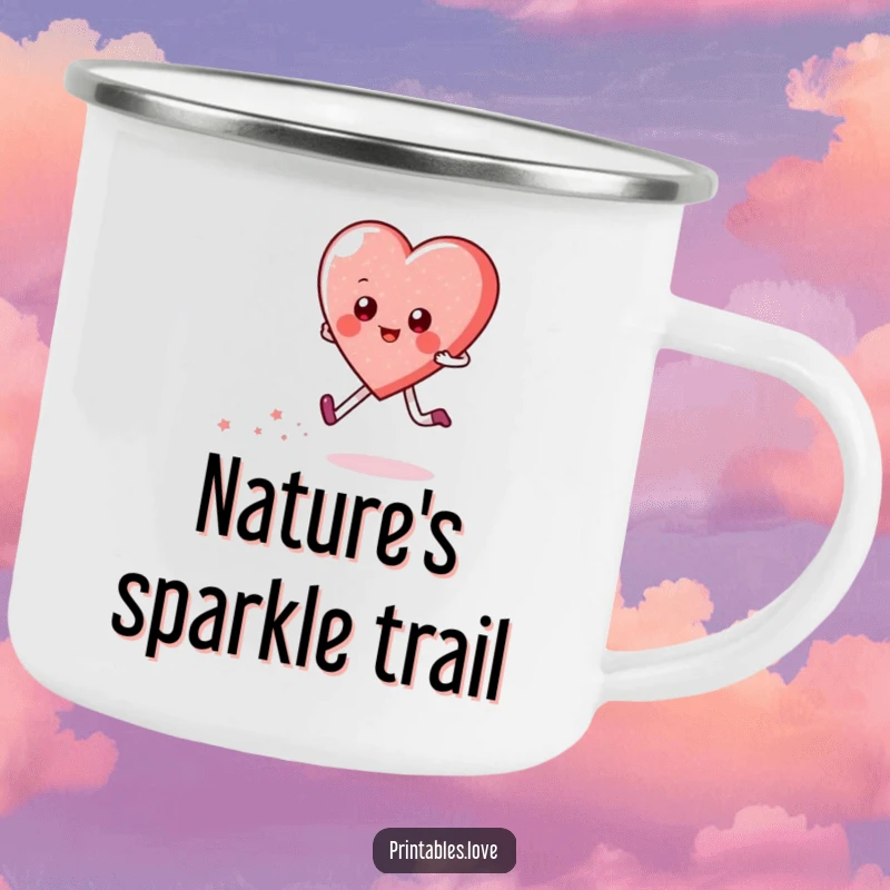 Funny camping mug depicting a happy heart character skipping, leaving a trail of gentle sparkles. Durable and humorous drinkware.