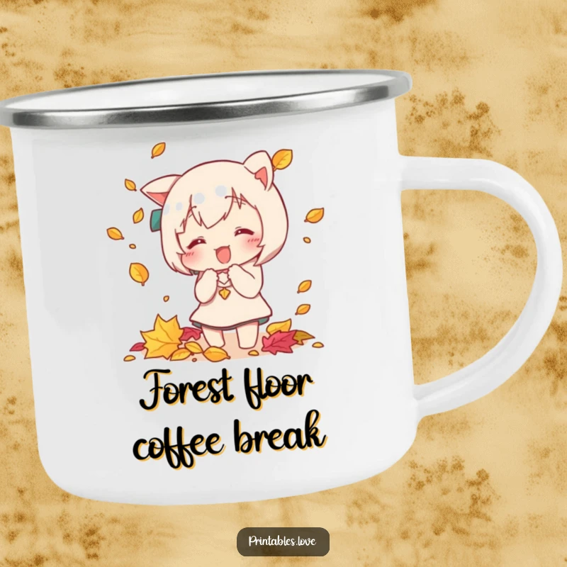 Funny Kawaii camping mug showing a cute character trying to catch falling autumn leaves, designed for outdoor use and laughter.