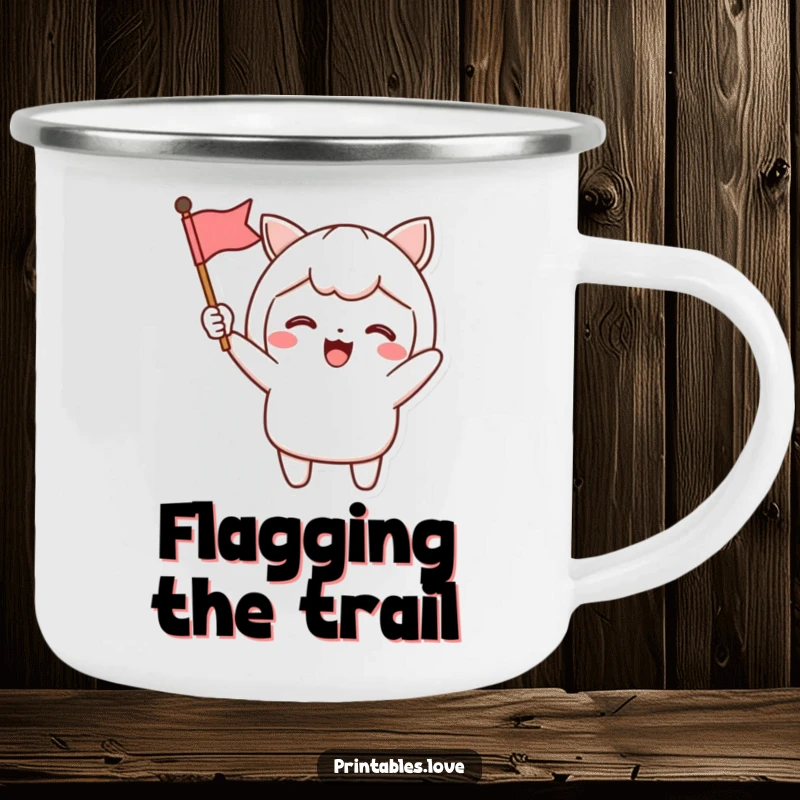 Funny Camping Mug featuring a Kawaii character excitedly waving a small flag, ideal for enjoying drinks outdoors with a cheerful vibe.