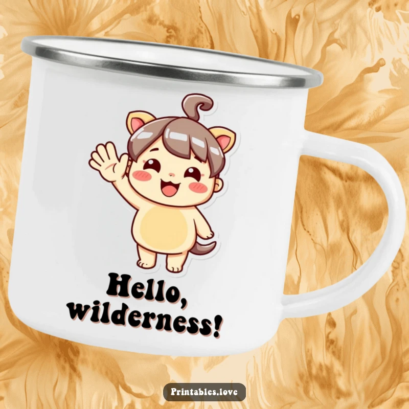 Funny Kawaii Camping Mug with a cute character doing an enthusiastic hello wave, ready for adventure.
