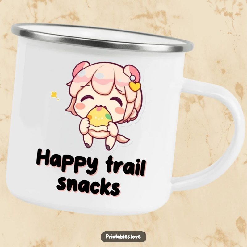 Durable funny camping mug with an adorable Kawaii character excitedly eating a colorful sweet treat.