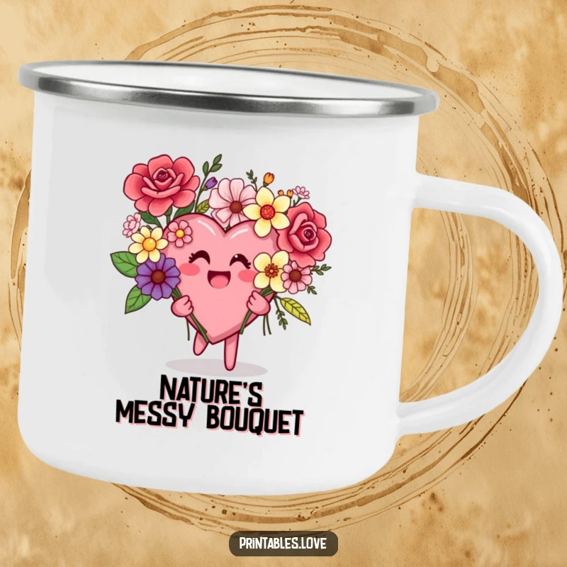Funny camping mug featuring a heart character holding a bright, eclectic bouquet of assorted flowers, ready for adventure.