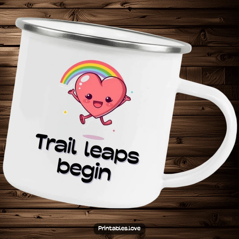 Funny camping mug showing a heart character leaping, trailing a rainbow arc, perfect for adventurous spirits who love color.
