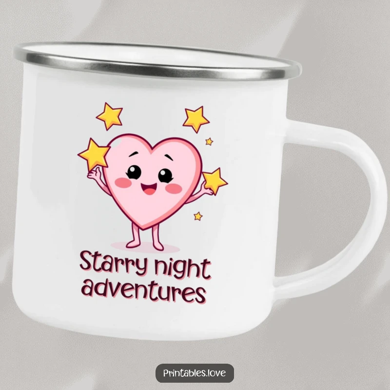 Funny camping mug with a heart character smirking while juggling three sparkling stars, ready for the outdoors.