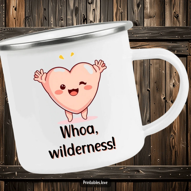 Funny surprise heart camping mug, a heart character with arms raised in comical, ecstatic surprise, perfect for adventurers.